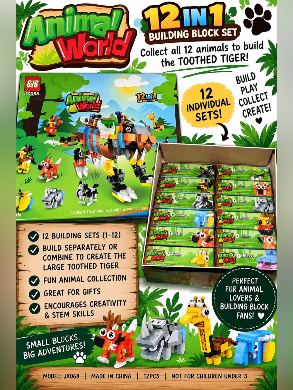 Animal World 12-in-1 Animal Building Blocks Set JX068 Complete Tiger NEW